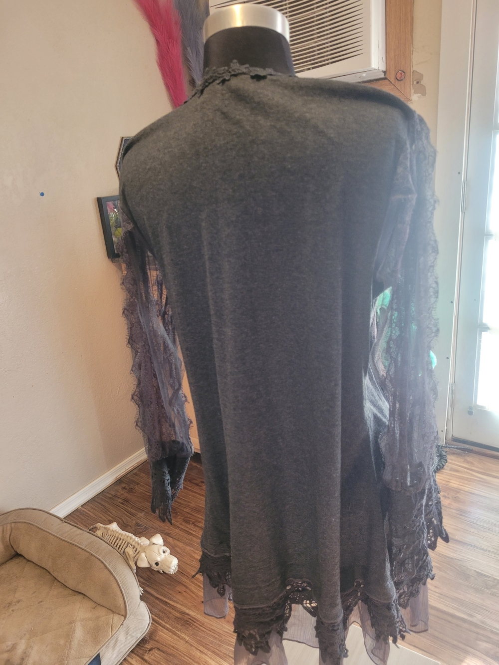 Pretty Angel Dark Gray Lace Trimmed Long Sleeve Blouse - Picture 4 of 7